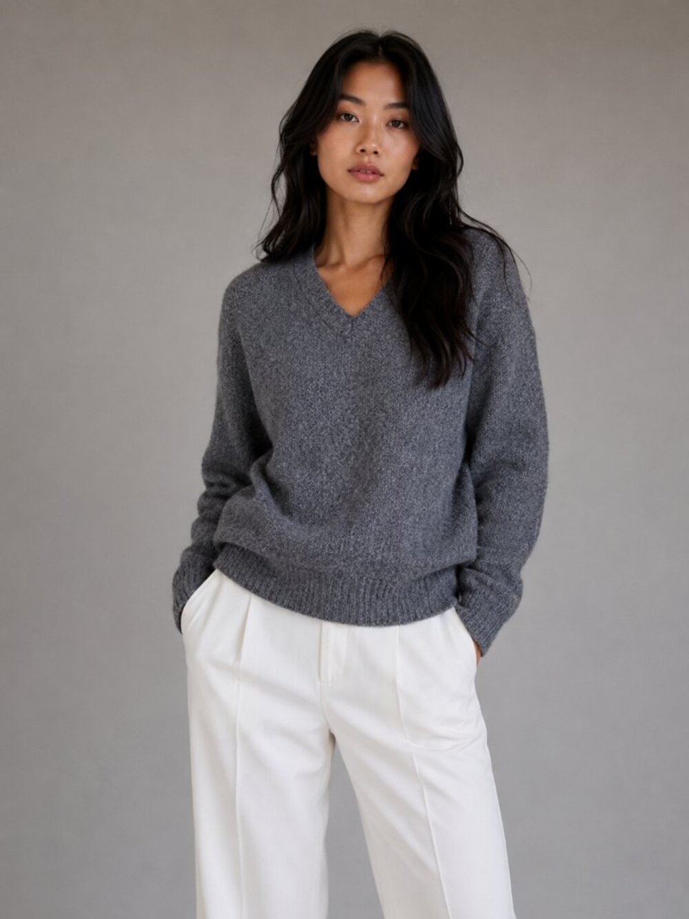 Lambs wool Cashmere Blend Velvet V-Neck Sweater W/XL Grey Excellent Textured